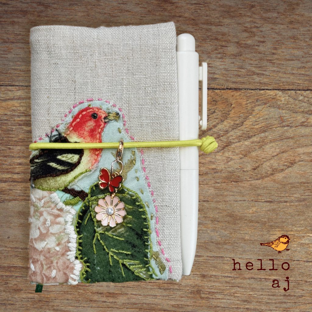 original handmade linen journal cover raw edge applique bird and floral motif OOAK – hello.aj