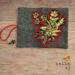 navy tweed journal cover open view showing gold floral raw edge applique and red trim – hello.aj