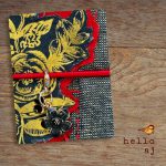 close-up detail gold floral raw edge applique on navy tweed handmade journal cover – hello.aj